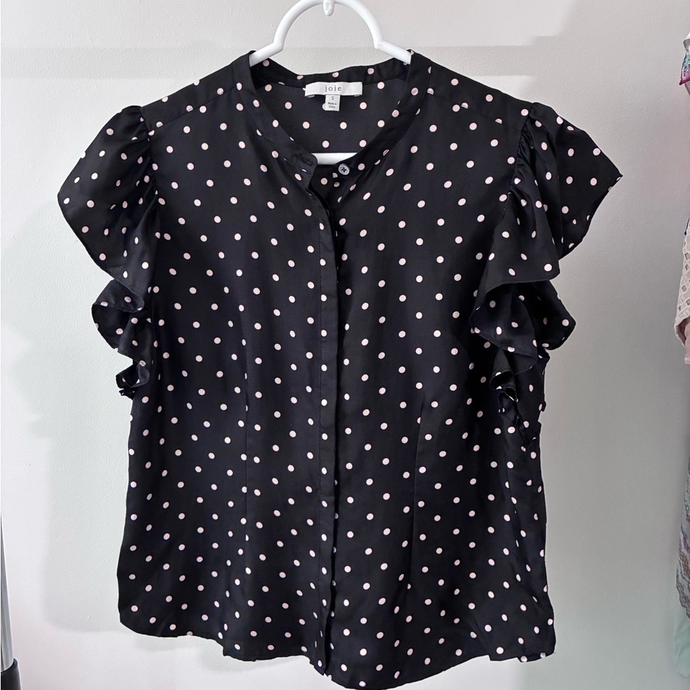 Joie Black Polka Dot Ruffle Sleeve 100% silk Blouse